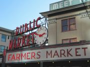 Farmers' market with a neon sign!